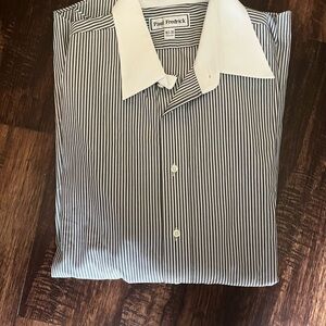 Paul Fredrick Black & White Pinstripe Dress Shirt with White Contrast Collar